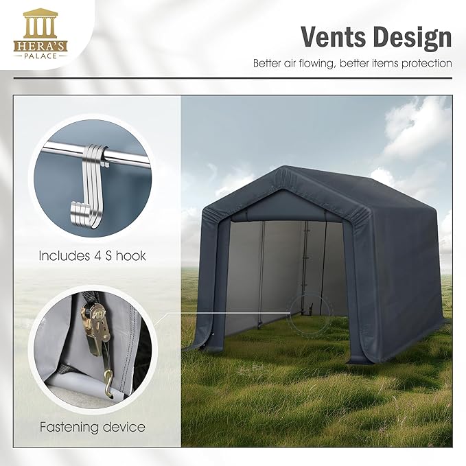 HERA'S PALACE 8x12ft Heavy Duty Carport Outdoor Patio Anti-Snow Portable Canopy Storage Shelter Shed with 2 Doors Garage Kit Tent for Motorcycle Garden Tools