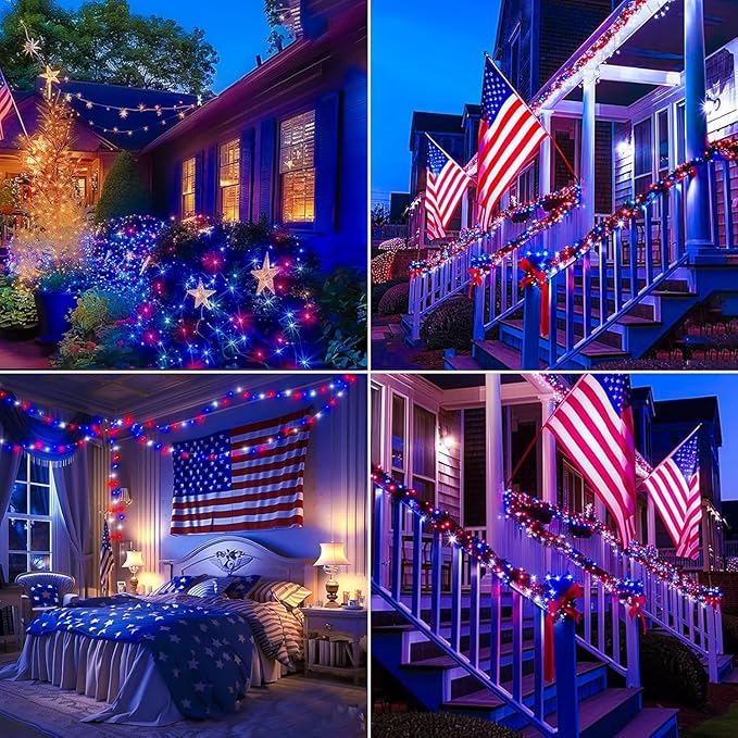 4th of July Lights, 200 LED 66ft Red White and Blue Patriotic String Lights Plug-in, 8 Modes &Timer Waterproof for Outdoor Indoor Independence Day, Memorial Day, Holiday Decor
