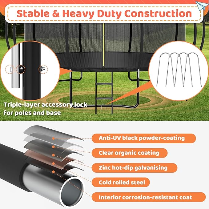 8FT 10FT 12FT 14FT 16FT Trampoline Outdoor, Trampolines for Kids & Adults, Pumpkin Trampolines with Safety Net, Ladder, Coating Metal Frame, ASTM Approved Large Backyard Trampoline for Kids