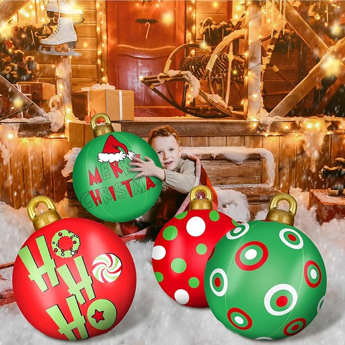 Jetec 4 Pcs Giant Inflatable Christmas Ball Large Xmas Inflatable Ornaments PVC Outdoor Holiday Blow Ball Outside Yard Lawn Porch Decorations (Polka Pattern,Vibrant Color)