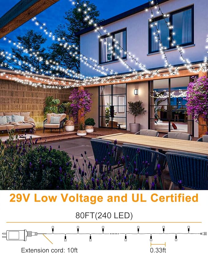 White Christmas Lights Outdoor, 80FT 240 LED Christmas Tree Lights Waterproof Plug in, 8 Modes Connectable Christmas Decorations Outdoor Green Wire for Indoor Patio Xmas Garden Holiday