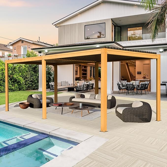 10’ x 20’ Louvered Pergola, Outdoor Pergola Aluminum Frame with Adjustable Rainproof Metal Roof, Permanent Sun Shade with Drainage System for Backyard, Garden and Lawn (Wooden Grain)