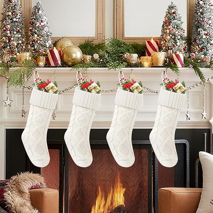 Christmas Stockings 18 Inches,Long Knitted Socks Christmas Decoration Hanging Stocking Fireplace Xmas Tree Stocking for Home Family（4 White）