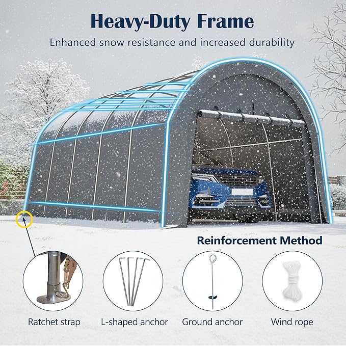 12x20 FT Heavy-Duty Carport Canopy, Portable Garage Shelter with Galvanized Steel Frame and PE Cover, Wind & Snow Resistant, Waterproof Outdoor Storage Tent for Car Truck SUV Boat Equipment