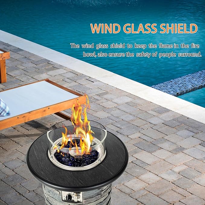 Outdoor Propane Fire Pit Table, Round Porcelain Tile Top 22 Fire Bowl Column W/ 40,000 BTU Firepit Table Auto-Ignition 400D Cover Glass Rocks for Outside Patio