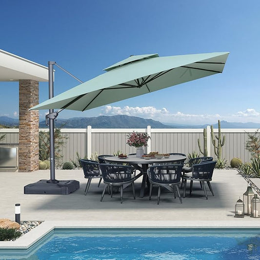 PURPLE LEAF 12 FT Cantilever Umbrella Outdoor Patio Umbrella, Large Offset Square Umbrella, Windproof Heavy Duty Hanging Outside Umbrellas for Patio, Mint Green