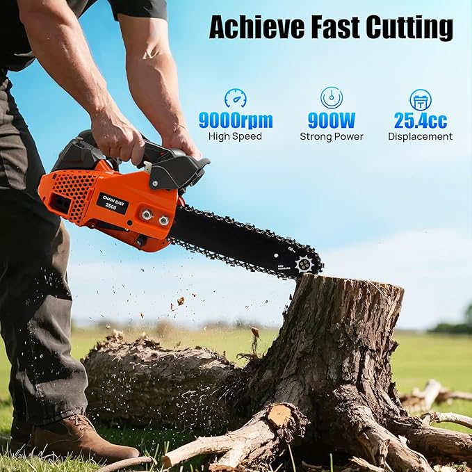 12Inch Top Handle Gas Chainsaw 25.4cc 2-Stroke Petrol Handheld Cordless Chain Saw Portable Chain Saws with Quick Start for Professional Tree Wood Cutting, Sack Sawing, Green Pruning