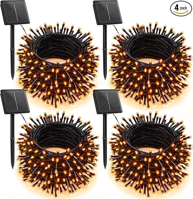 Brightown 4 Pack Solar Halloween Lights, Total 184FT 480 LED Solar String Lights Outdoor Waterproof Black Wire with 8 Modes, Solar Fairy Light for Garden Yard Patio Party Decors, Orange