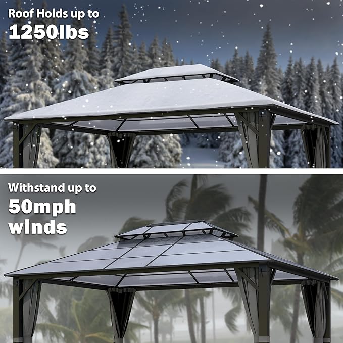 Hardtop Gazebo 12' x 16', Patio Gazebos with Polycarbonate Roof & Steel Frame, Outdoor Pavilion with Gray Curtain&Netting for Backyard/Lawn/Garden/Deck