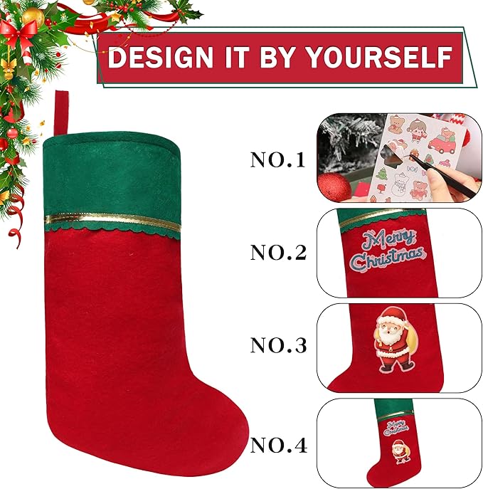 36 Pack Felt Christmas Stockings, 19 Inches Red and Green Christmas Stockings, Green Cuff with Gold Trim Christmas Stockings for Family Christmas Holiday Decorations