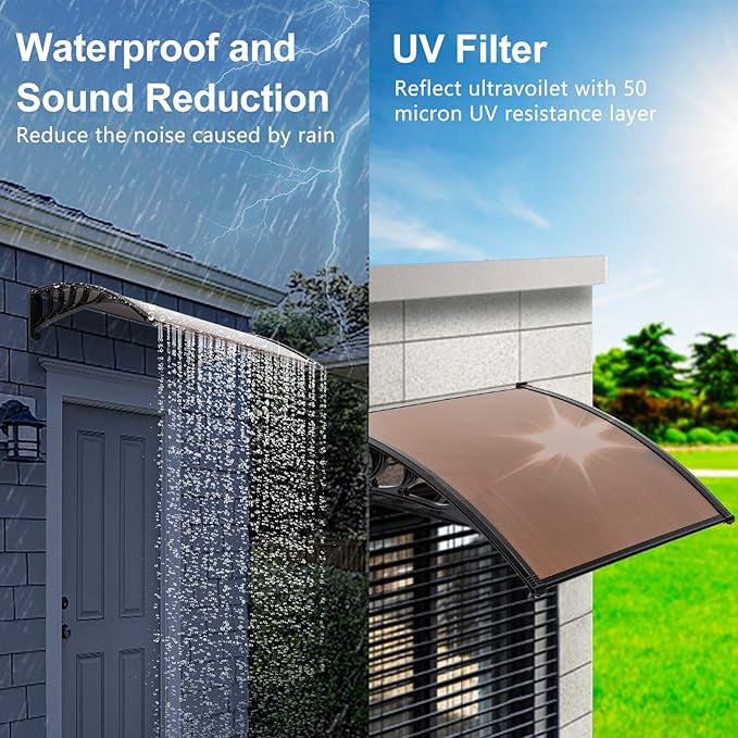 Window Awning Door Canopy Exterior- 40" x 40" Aluminum Door Awning, Polycarbonate Cover Patio Canopy Awning for House, Outside, Rain Snow & UV Resistant (Brown Board & Black Bracket)