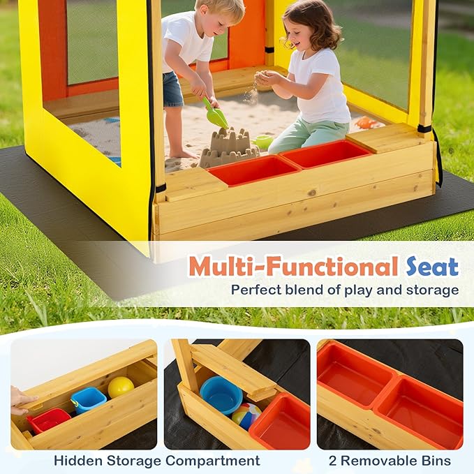 Costzon Kids Wooden Sandbox with Canopy, Outdoor Fir Wood Playhouse with Bottom Liner, Roll-up Door Curtains, Bench Seats & Storage Space, Sand Playground for Garden Backyard (Yellow&Blue)