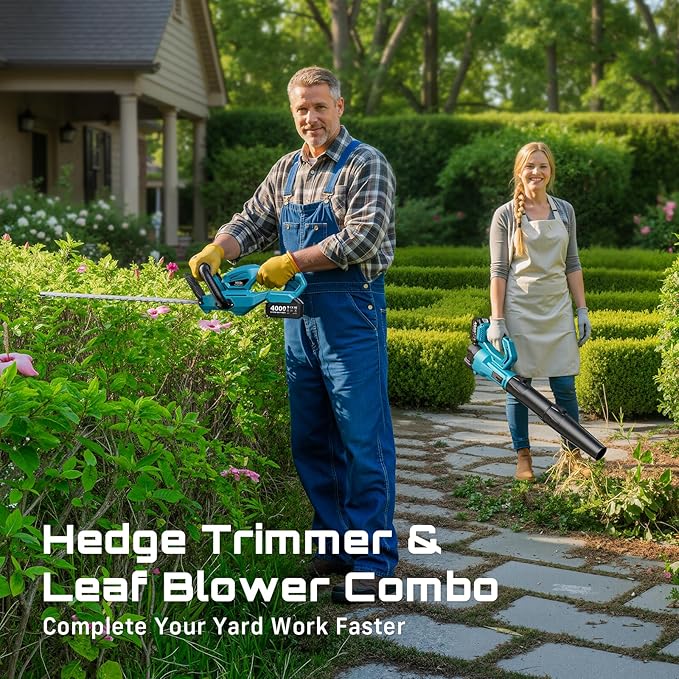 SEESII Cordless Hedge Trimmer and Leaf Blower Combo, 2 Pcs 4.0Ah Batteries, Electric Handheld Bush Trimmer with 20 Dual-Action Blade, Lightweight Brushless Blower with 2 Speed Modes for Yard Garden