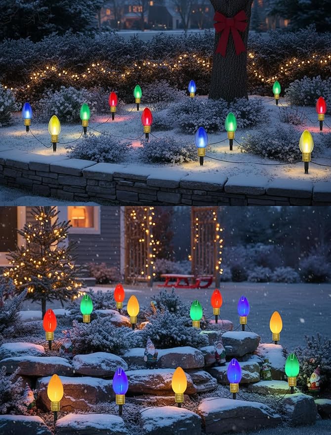 Christmas Lights Jumbo C9 Outdoor Lawn Decorations with Pathway Marker Stakes, 2 Pack 7 Feet String Lights with Multi Color Giant Lighted Bulbs for Holiday Outside Yard Garden Decor, 8 Lights