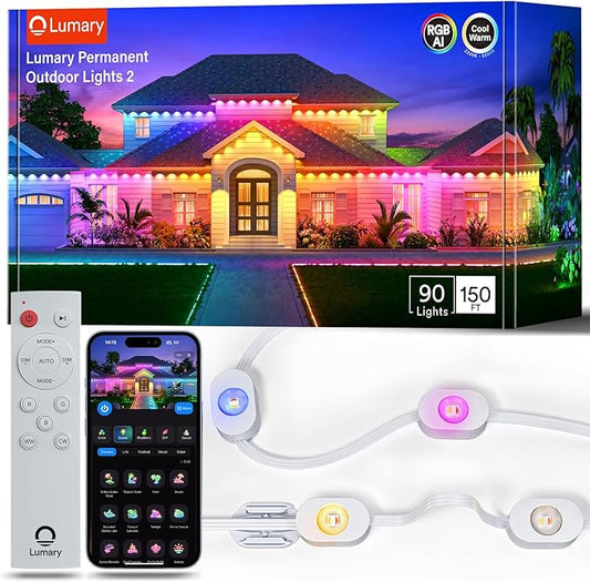 Lumary Smart Permanent Outdoor Lights 2 with Remote & Slide-Base, 150ft with 90 RGBAICW LEDs 5400lm for Daily & Accent Lighting, 110+ Scene for Halloween Christmas Decor, Work with Alexa Google, White