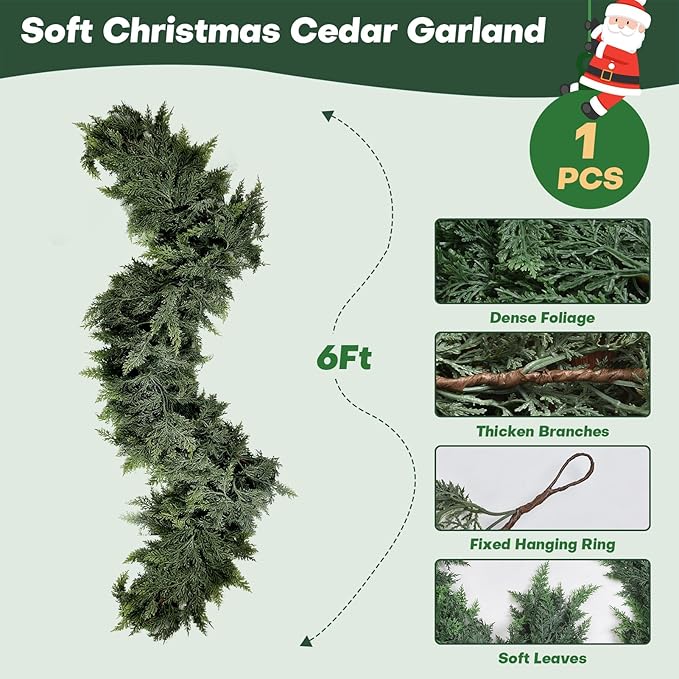 6 FT Real Touch Cedar Garland - Christmas Cedar Garlands for Mantle, Realistic Green Artificial Greenery Pine Garland for Table, Fireplace, Stairs, Wall, Indoor, Outdoor Home Holiday Decor (1, 6 FT)