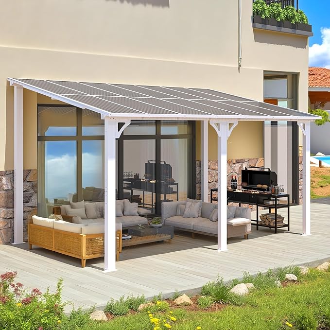 AECOJOY 14' x 8' White Gazebo Outdoor Pergola for Patio, Hard Top Lean to 8x14 Gazebo Shelter Pergolas and Gazebos Clearance with Patio Roof, Large Wall-Mounted Heavy Duty Awnings for Patio