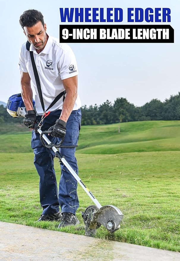 WILD BADGER POWER 26cc Weed Wacker Gas Powered, 4 in 1 String Trimmer, Wheeled Edger, Hedge Trimmer and Brush Cutter Blade, Multi Yard Care Tools, Rubber Handle & Shoulder Strap Included
