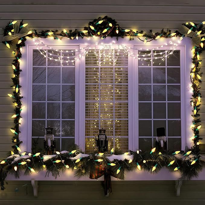 WBao Battery Operated Christmas Lights 100 LED 34ft C6 Christmas String Lights with 8 Modes, Timer, Waterproof Design for Indoor Outdoor Trees, Fence, Stairs Xmas Decorations, Warm White