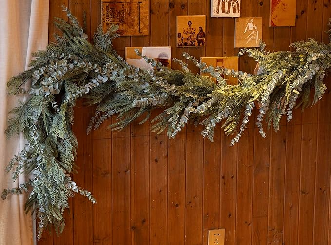 9ft Handmade Christmas Garland,Artificial Eucalyptus Cedar Pine Needles Greenery Seasonal Garland for Christmas Fireplace Winter Holiday Indoor Outdoor Decoration