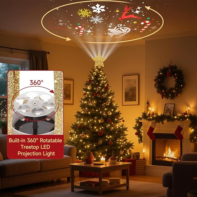 Christmas Tree Topper Lighted with Built-in LED Rotating Star Projector, 3D Hollow Glitter Gold Star Tree Topper for Xmas Party Holiday Christmas Decorations