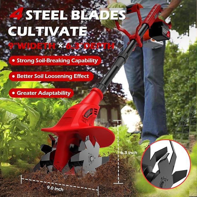 21V Cordless Electric Tiller for Gardening, 360 RPM Garden Tiller with 2¡¿4.0AH Batteries & Charger, 9 Width, 6.3 Depth, Battery Powered Mini Cultivator, Portable Rototiller for Lawn Soil Cultivation