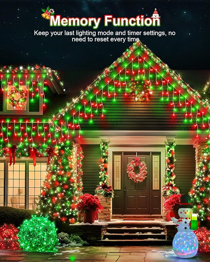 159 FT Christmas Lights Outdoor, 1458 LED Waterproof Outside Christmas Lights Plug in, Timer & Memory, 8 Modes Fairy Lights with 324 Drops for House Eaves Yard Patio Decorations, Red and Green