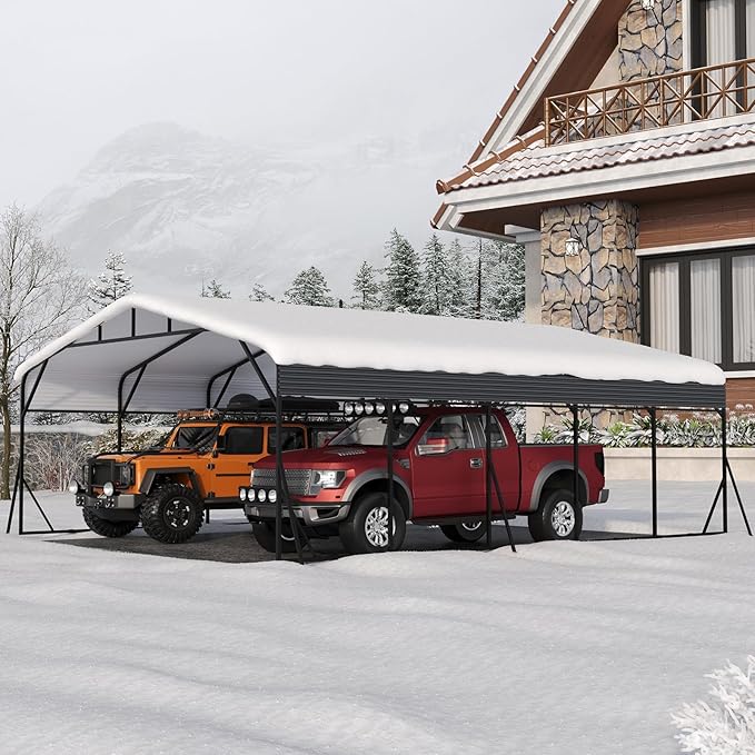 Metal Carport, 20x25 FT Outdoor Carport Canopy with Reinforced Base and Galvanized Steel Roof, Heavy Duty Garage Car Shelter Shade for SUV, Truck, Boats