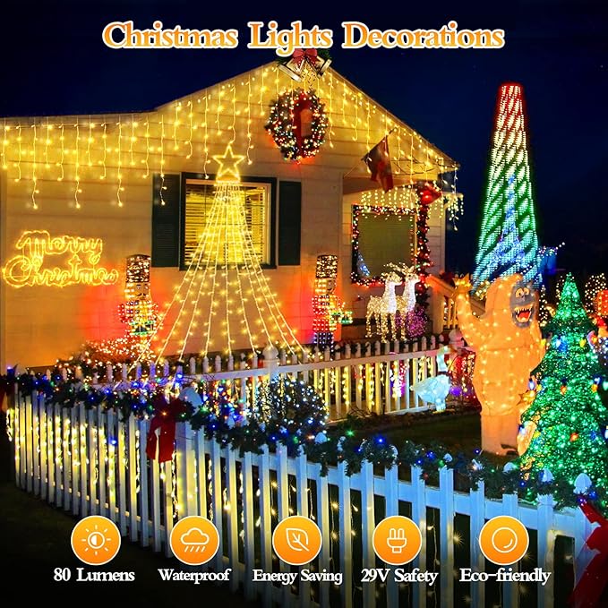 480 LED 49FT Christmas Lights Plug in 8 Modes with Timer Dimmable Ice Lights Outdoor Waterproof Indoor Ice String Lights for Roof Porch Garden Holiday Wedding Xmas Decor (Warm White)