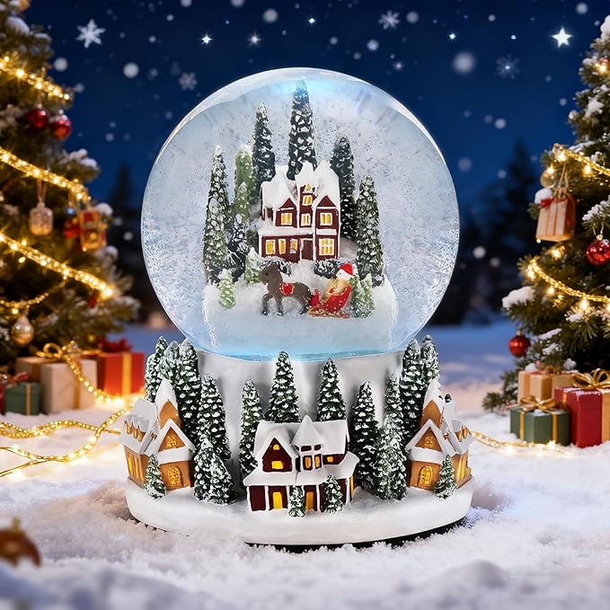 Christmas Village Snow Globe Lantern Musical Lighted Snowy Mountain Village Water Lantern with Swirling Glitter Decoration for Christmas Home, Living Room, Battery Operated