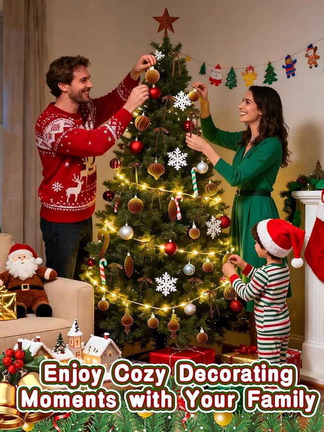 80Pcs Velvet Star Topper & Ornaments for Christmas Tree Decorations - 1 Topper Star, 2 Candy Canes, 27 Flocked Shatterproof Balls and 50 Bows (Brown)