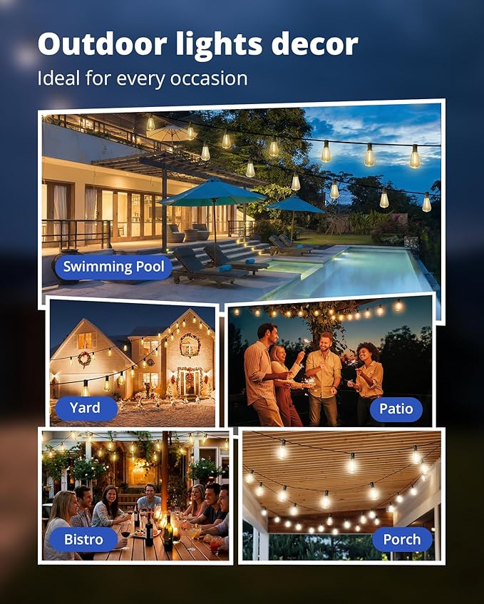 VIPAR Outdoor String Lights 100FT Patio Lights Outdoor Waterproof with 52 Shatterproof ST38 Vintage Edison Bulb, LED Outside Hanging Light for Backyard, Porch, Garden, Deck, Bistro, 2700K Dimmable