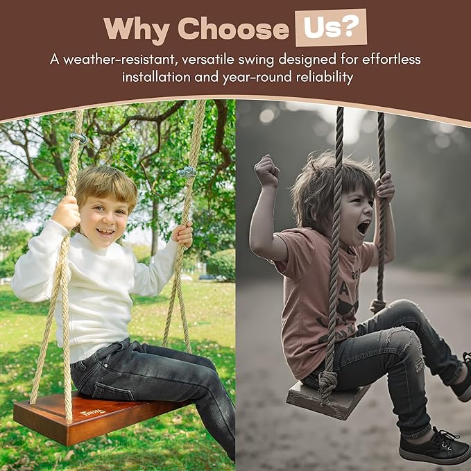 Outdoor Wood Hanging Seat, 22" x 8" x 2" Cedar Wooden Tree Swing for Adults & Kids, 440+ lb Capacity, Adjustable 5-7 ft Rope, Classic Heavy Duty Tree Swing for Backyard & Porch