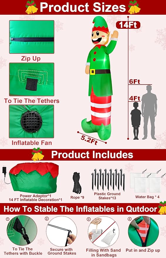 14 Ft Super Tall Christmas Inflatable Elf, Christmas Inflatables Decoration Outdoor Blow Up Giant Santa Elf with Built-in LED Lights Inflatable Christmas Decoration for Yard Outside Garden Lawn
