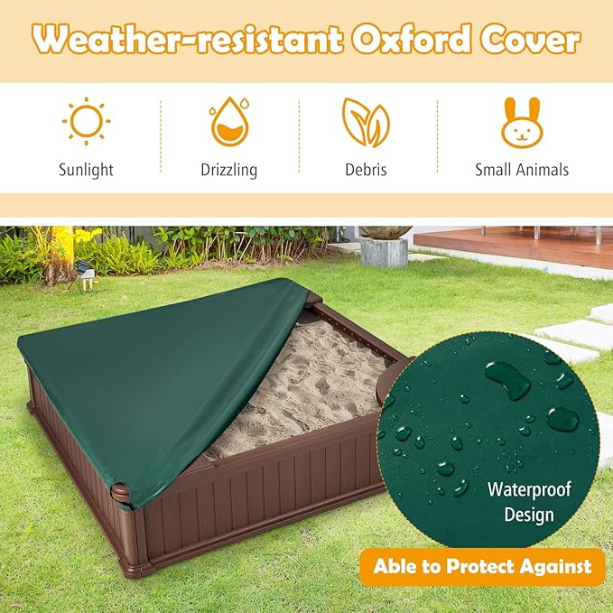 HONEY JOY 12.5 Kids Sandbox with Cover, 48 x 48 Inch Large HDPE Pit for Backyard, 4 Corner Seats & Bottom Liner, Sand Protection, All Weather Resistant Sand Boxes for Kids Outdoor (Coffee)