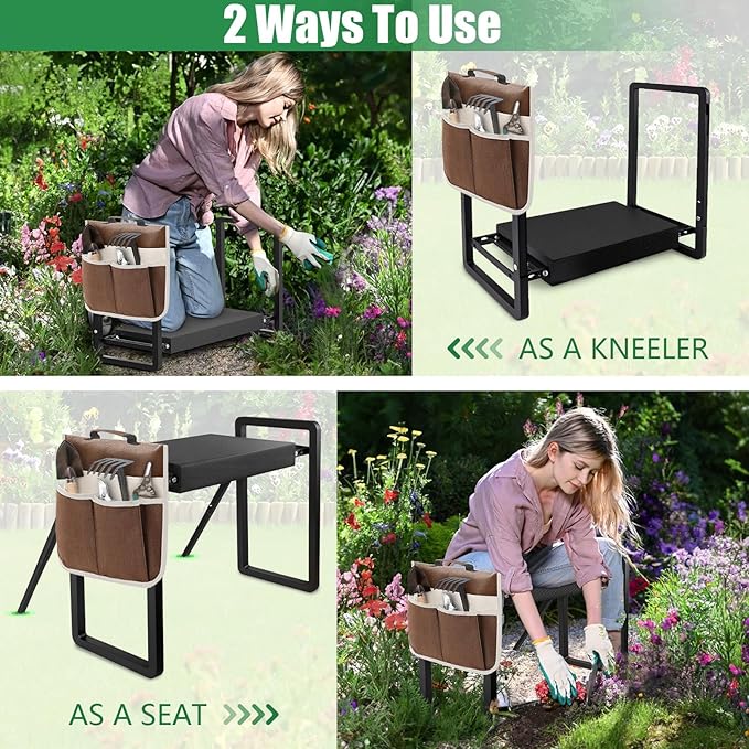seasky Foldable Garden Kneeler and Seat, Anti-Tipping Gardening Bench Widened Thick Soft Kneeling Pad£¬Heavy Duty Gardening Stool with Garden Tool Bag, Gardening Gift for Women(Without Gloves)