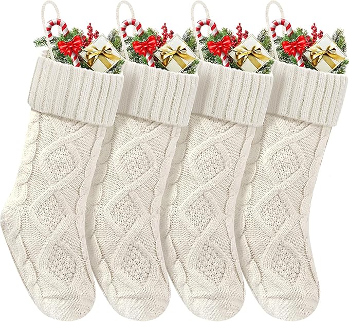 Christmas Stockings 18 Inches,Long Knitted Socks Christmas Decoration Hanging Stocking Fireplace Xmas Tree Stocking for Home Family（4 White）