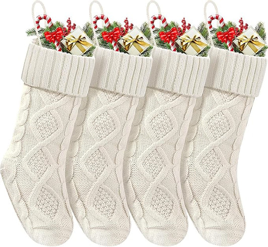 Christmas Stockings 18 Inches,Long Knitted Socks Christmas Decoration Hanging Stocking Fireplace Xmas Tree Stocking for Home Family（4 White）