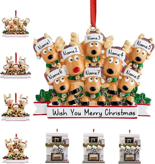 Personalized Christmas Ornaments 2025 Reindeer Family of 2/3/4/5/6/7/8 Deer Custom Christmas Ornaments with Names Customized New Year Keepsake Christmas Tree Decorations（Family of 8）