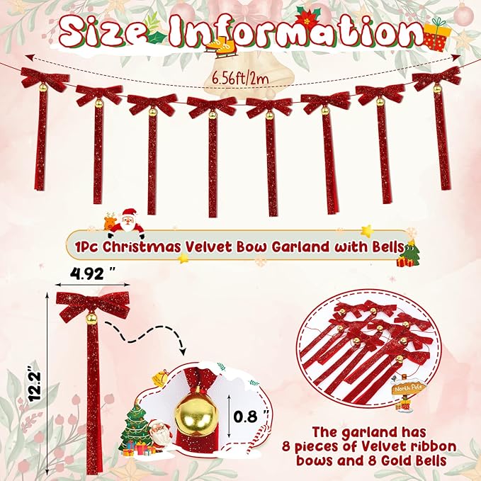 Christmas Velvet Bow Garland Banner with Bells, Glitter Red Ribbon Bows Christmas Jingle Bell Garland Bow Banner Xmas Ornaments for Mantel Fireplace Table Wall Staircase Office Home Xmas Tree Decor