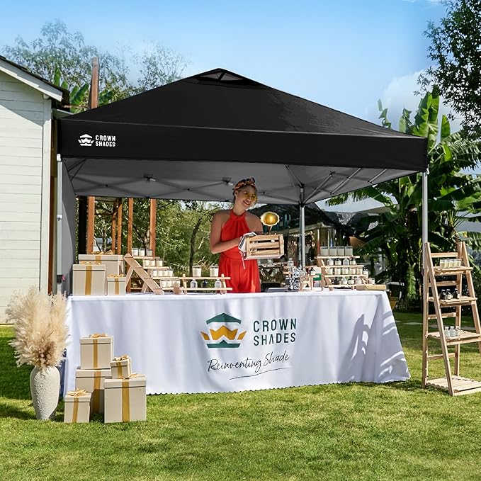 CROWN SHADES 10x10 Pop Up Canopy with 1 Side Wall - Beach Tent with One Push Setup - Outdoor Sun Shade for Events, Parties, Camping - Gazebo with STO-N-Go Cover Bag (Black)