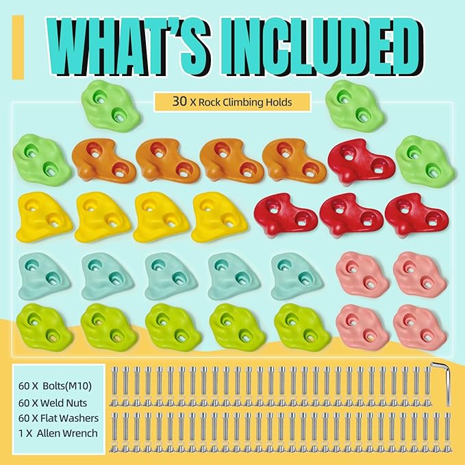 30 PCS Large Rock Climbing Holds for Kids, Extra Large Climbing Rock Wall Grips, Adult Rock Wall Holds Rock Wall Climbing Kit with Hardware for Indoor and Outdoor Climbing Wall Holds£¨Pastel Color£©