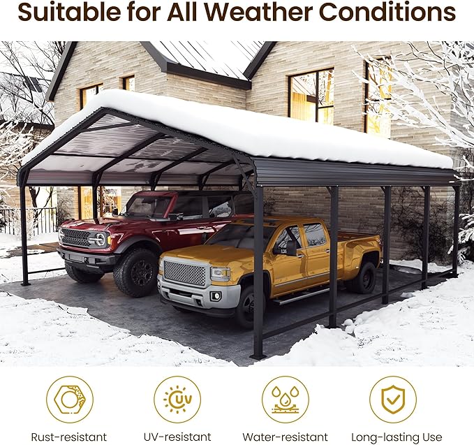 Wisteria Lane 20'x20' Metal Carport with Updated Roof & Enhanced Base, Heavy Duty Canopy Carport Garage, Vertaile for Car, Truck, Boat, Tractors, Party, Dark Gray