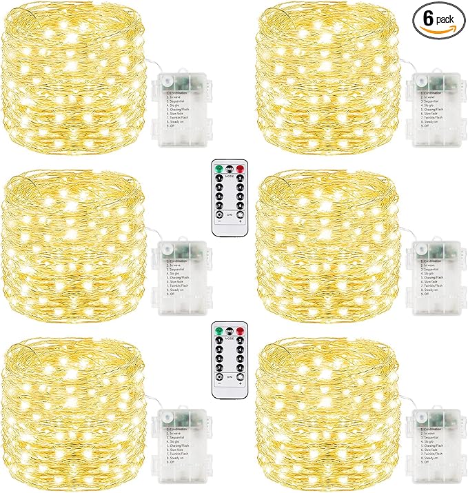 6 Pack 100LED Christmas Battery Operated Fairy Lights with Remote, 8 Modes String Light with Timer, Dimmable, Memory Function, Waterproof Twinkle Lights for Outdoor Indoor Christmas Decor(Warm White)