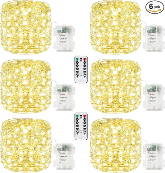 6 Pack 100LED Christmas Battery Operated Fairy Lights with Remote, 8 Modes String Light with Timer, Dimmable, Memory Function, Waterproof Twinkle Lights for Outdoor Indoor Christmas Decor(Warm White)