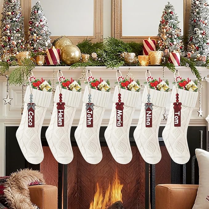 Christmas Stockings 18 Inches,Long Knitted Stocking with Name Tags, Christmas Decoration Hanging Stockings Fireplace Xmas Tree Ornaments for Home Family