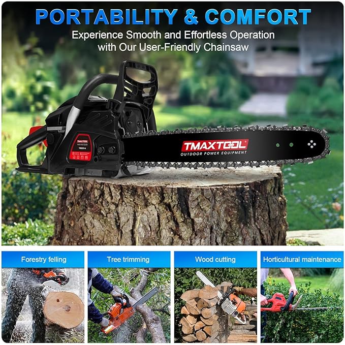 62cc Gas Chainsaw, 20 Inch 16Inch Chain Saw, Gas Powered Chainsaws, 2-Stroke 3.5-HP Gasoline Power Chain Saws with Automatic Oiler for for Wood Cutting and Tree Trimming, Easy-Start, Black