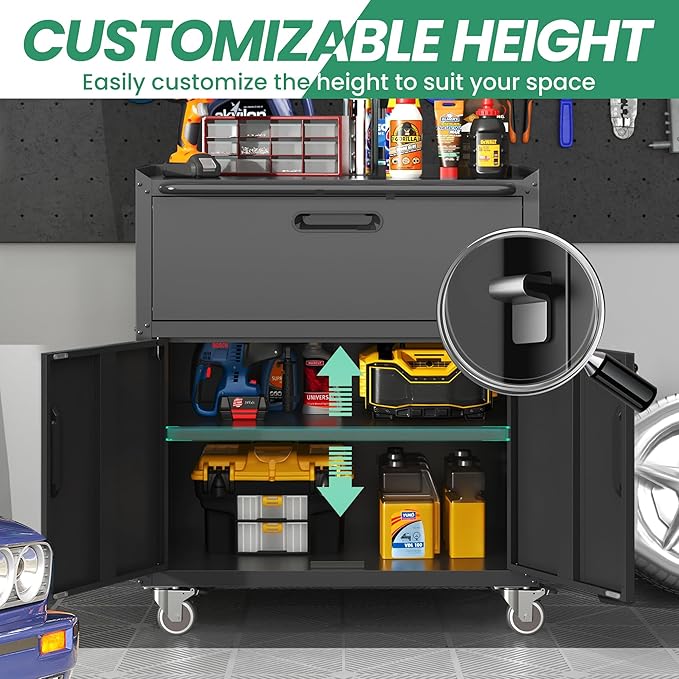 Garage Cabinets,Metal Garage Storage Cabinet with Wheels,Black Lockable Rolling Tool Cabinet with Drawer and Adjustable Shelves,Heavy Duty Tool Chest for Home Office Utility Room