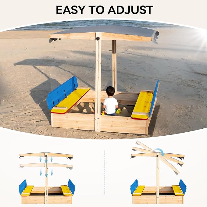 48x48 Large Wooden Sandbox with Locking Lid & Adjustable Canopy Cover - Outdoor Sand Box for Kids Ages 4-8, Foldable Bench Seats, UV-Resistant Roof, Easy-Drain Bottom Liner