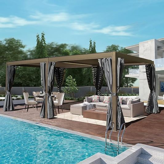 Domi 12x20FT Louvered Pergola, Full Aluminum Pergola with Adjustable Louvered Roof, Outdoor Pergola with Waterproof Curtains and Netting, Dark Brown